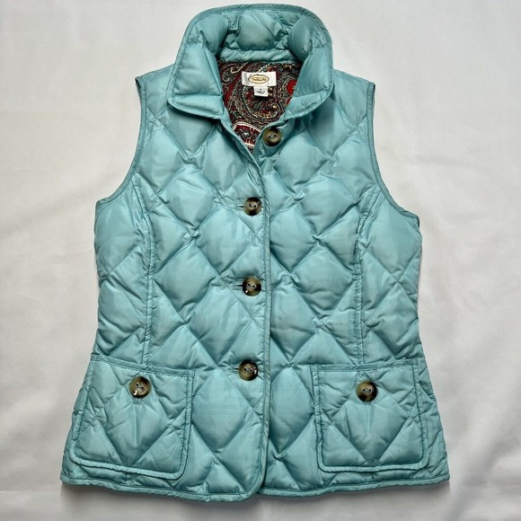 Talbots Down Puffer Vest Small Quilted Button Feather Aqua Teal Paisley Lining - Picture 1 of 10